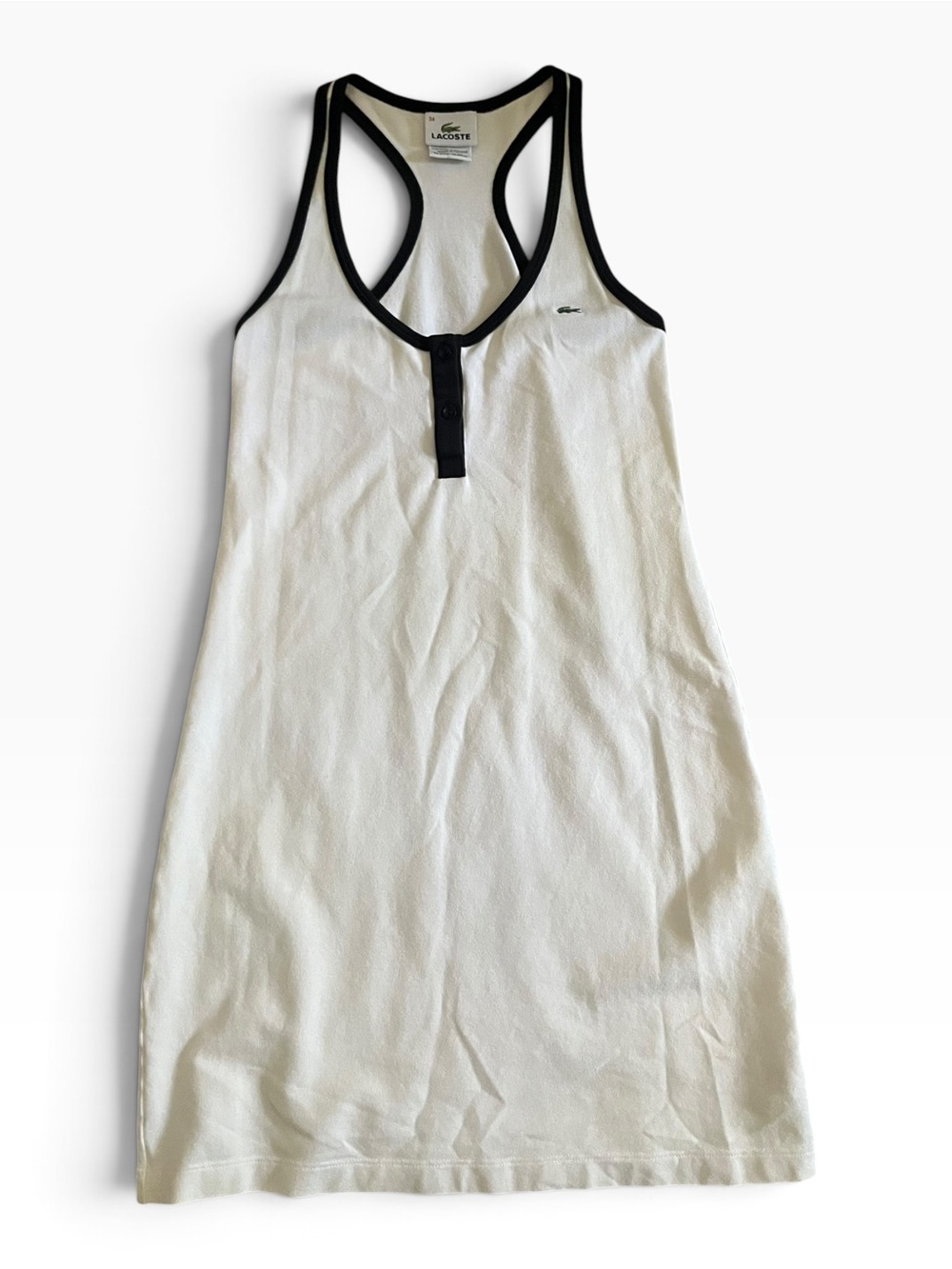 Lacoste Off White Racerback Tank Dress with Black Trim and Button Placket